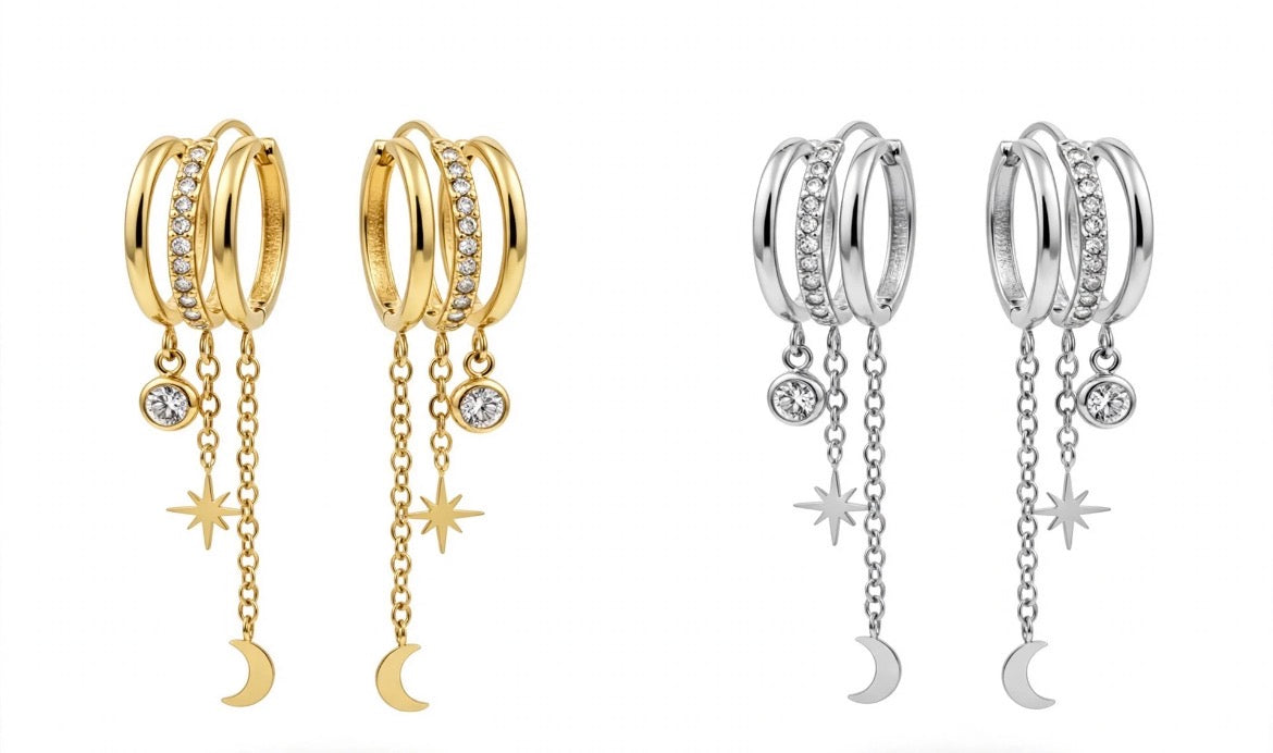 Orecchini One Triple in acciaio inox con stella, luna e zircone