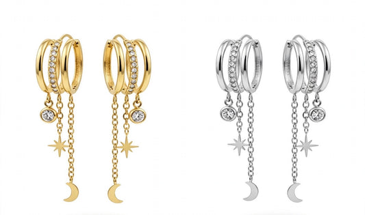 Orecchini One Triple in acciaio inox con stella, luna e zircone
